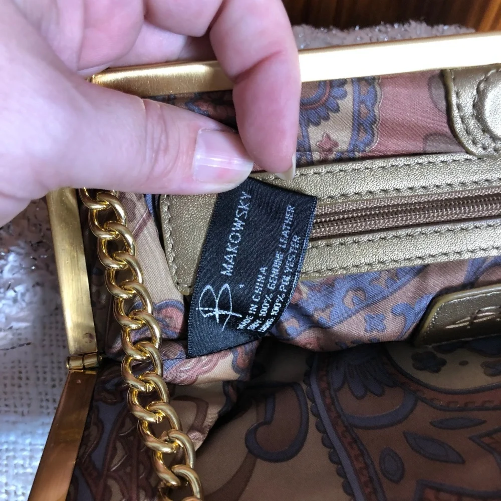 B. Makowsky Gold‎ Tone Leather Clutch/Shoulder Bag